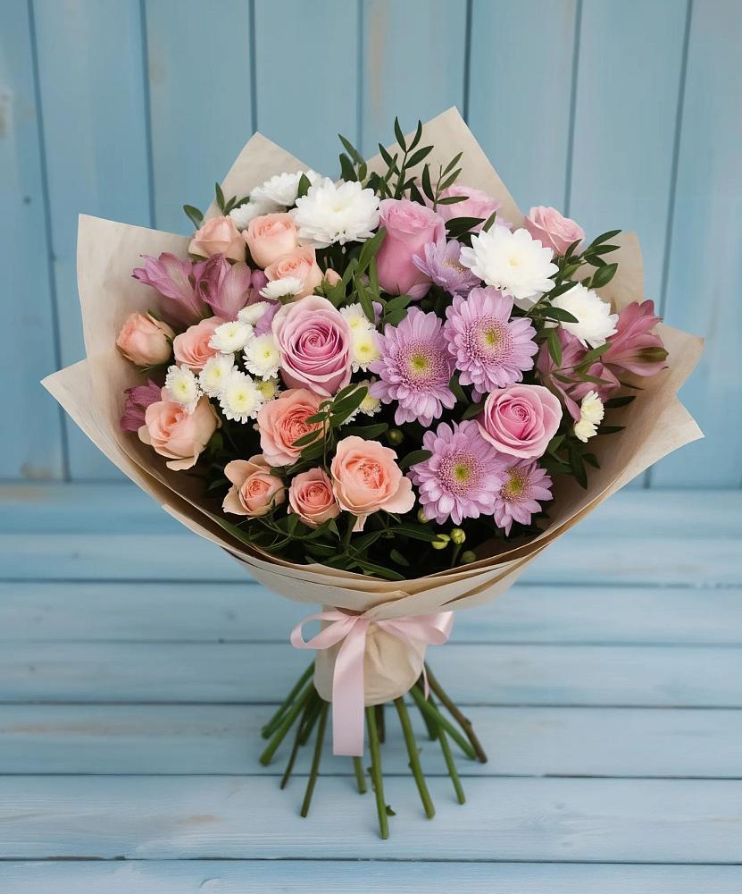 Букет цветов из: Хризантемы, Розы и Альстромерии в Красный Бор