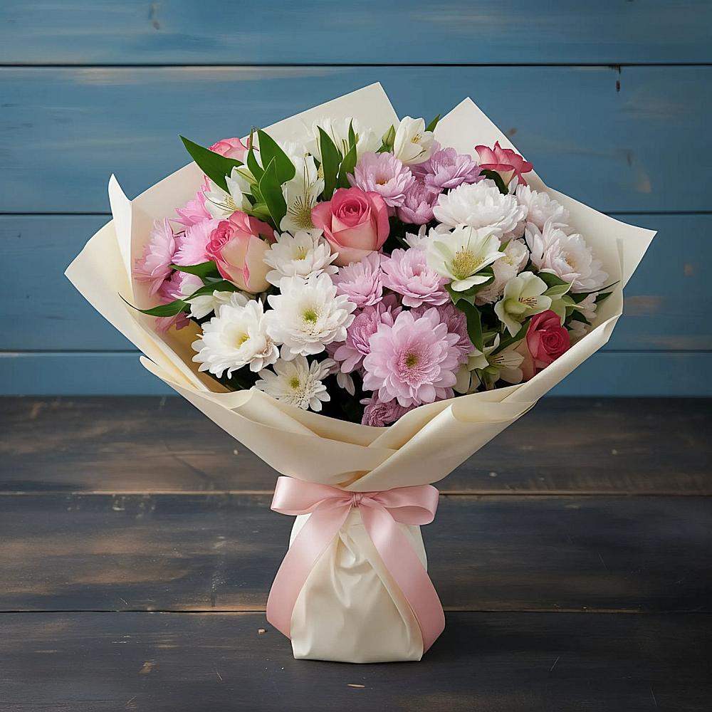 Букет цветов из: Хризантемы, Альстромерии и Розы в Красный Бор